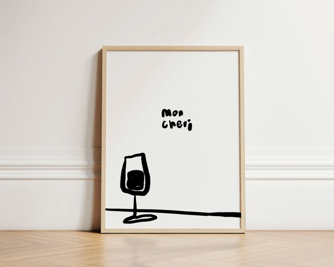 Mon Cheri Wine Glass Minimalist Line Drawing Kitchen Wall Art