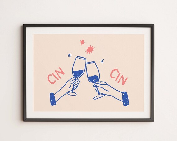 Cin Cin Cheers Wine Drink Cocktail Poster Minimal Typography Poster Cute Print Kitchen Art Living Room Bar Cart Decor Cocktail Art