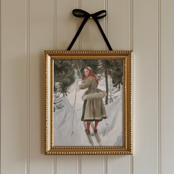 Vintage Girl Cross Country Skiing Through Snowy Winter Woods Art Print