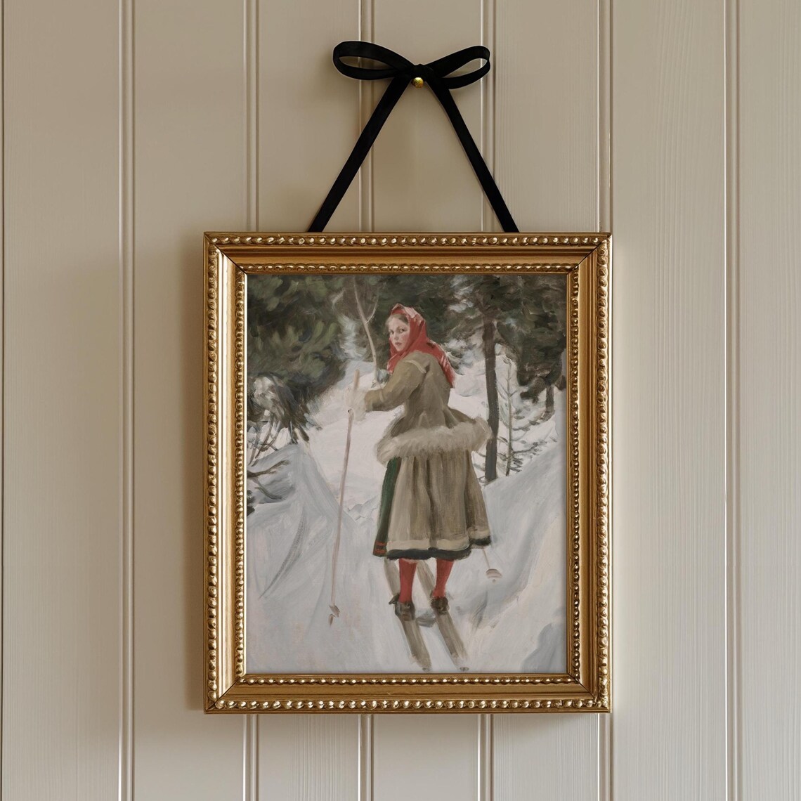Vintage Girl Cross Country Skiing Through Snowy Winter Woods Art Print