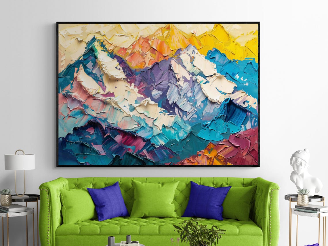 Abstract Mountain Panorama Bright Colors Premium Poster Impasto Style Home Decoration Mountains Premium Paper