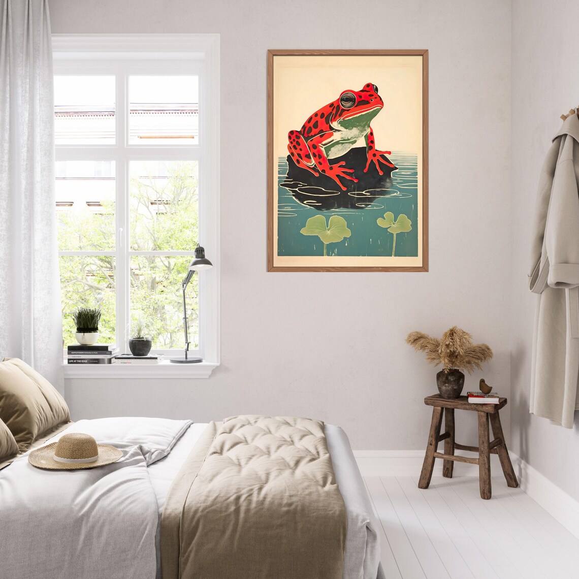 Japanese Woodblock Style Red Spotted Frog On Rock Above Lily Pads Poster - Image 3