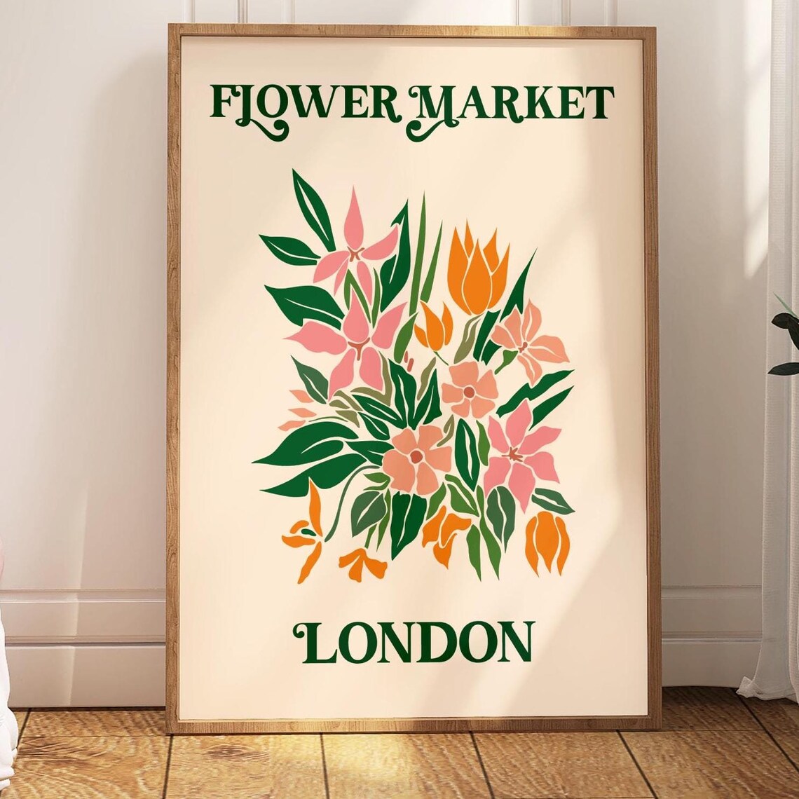 London Flower Market Minimalist Botanical Bouquet Orange Green Poster