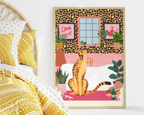 Leopard Bathroom Print Botanical Print Unframed Boho Home Tropical Print Animal Illustration Decor