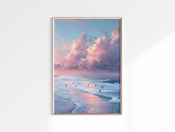 Pink Sunset Ocean Waves With Surfers Dreamy Coastal Painting Poster