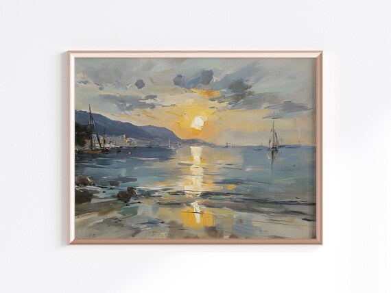 Sunset Sailboats Bay Oil Painting Golden Hour Seascape Poster