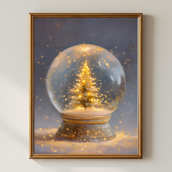 Magical Snow Globe Glowing Christmas Tree Golden Lights Poster