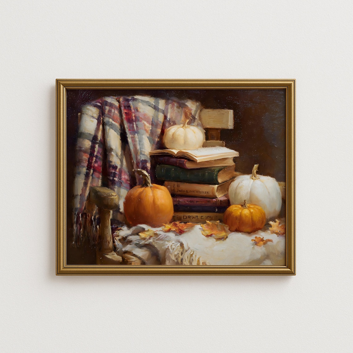 Cozy Autumn Still Life Pumpkins Books Plaid Blanket Dark Academia Poster