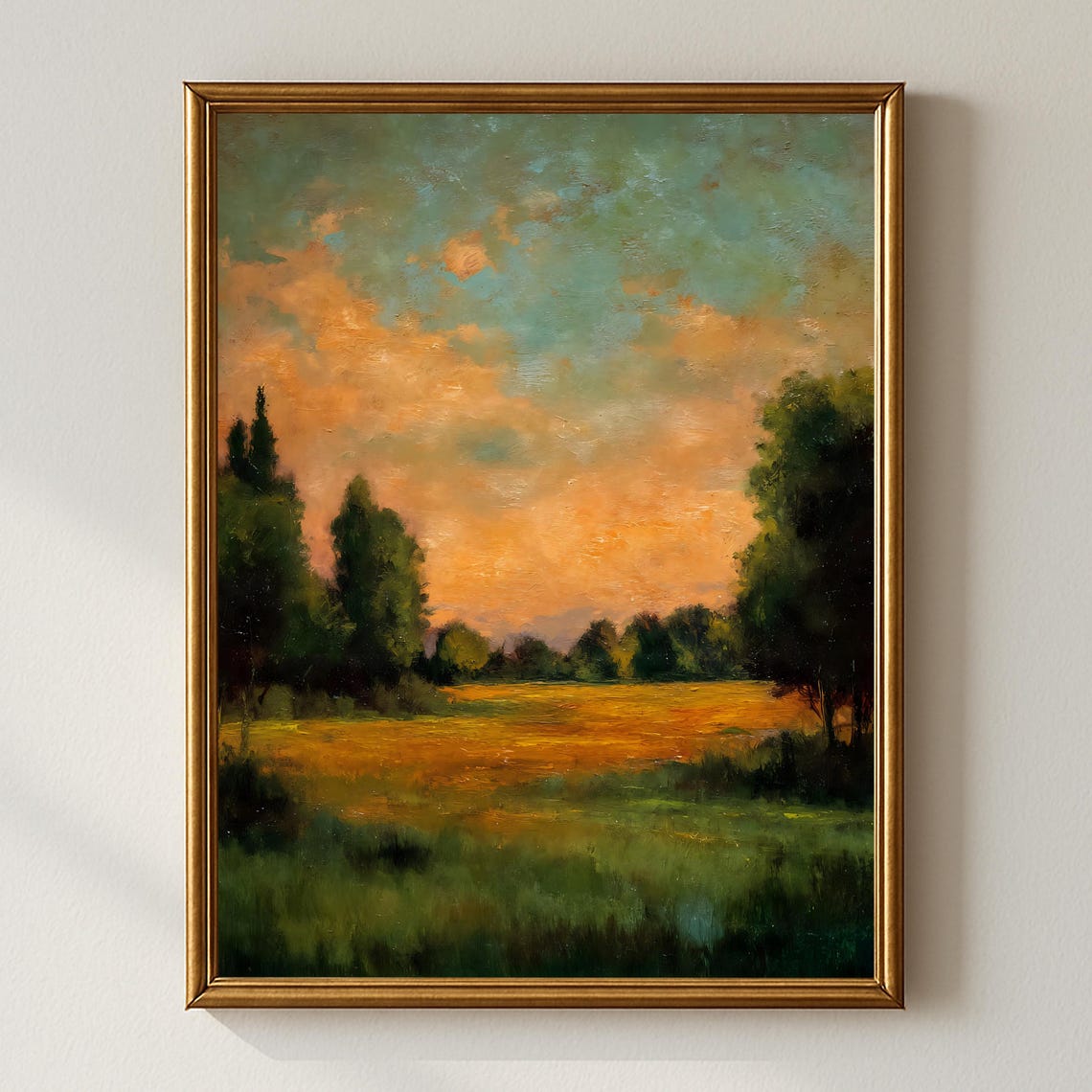 Golden Sunset Field Meadow Dramatic Sky Vintage Landscape Poster
