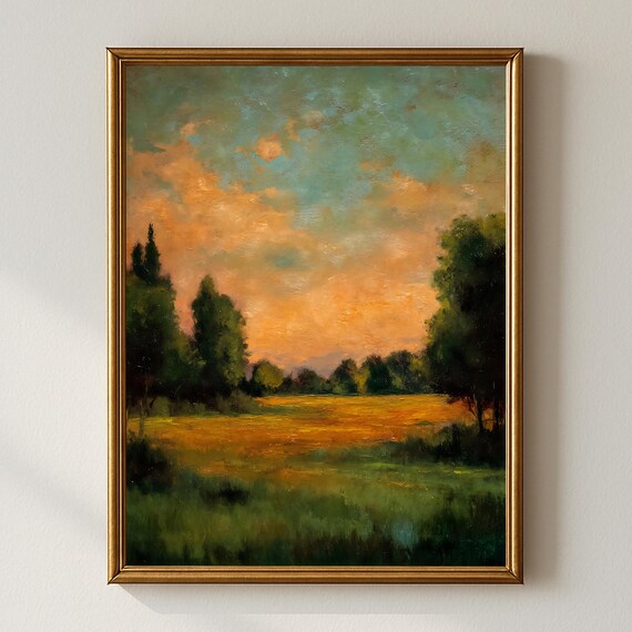 Golden Sunset Field Meadow Dramatic Sky Vintage Landscape Poster