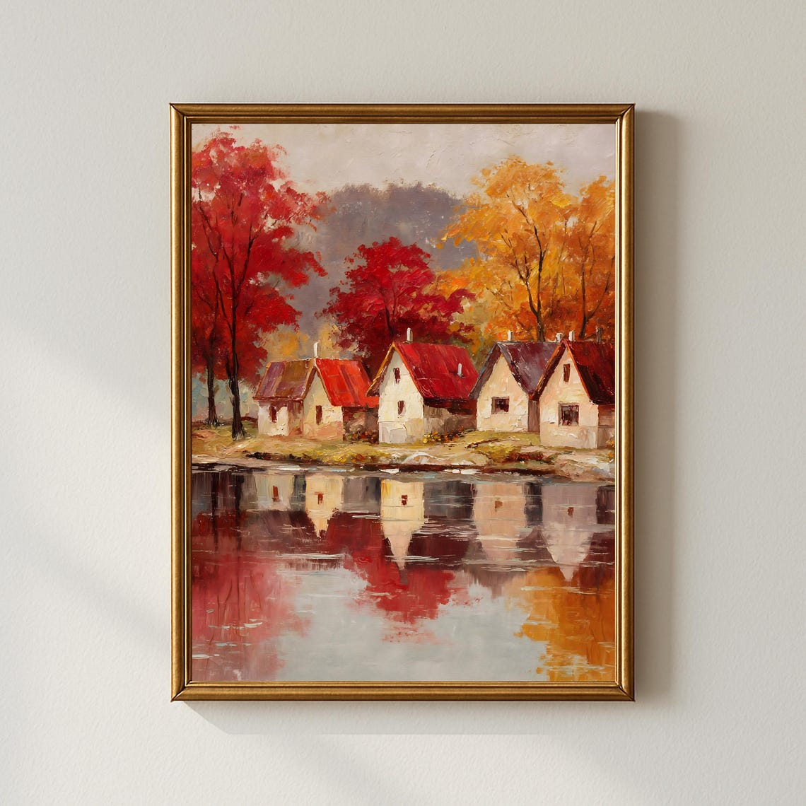 Red Roof Cottages By An Autumn Lake With Mirror Reflections Poster