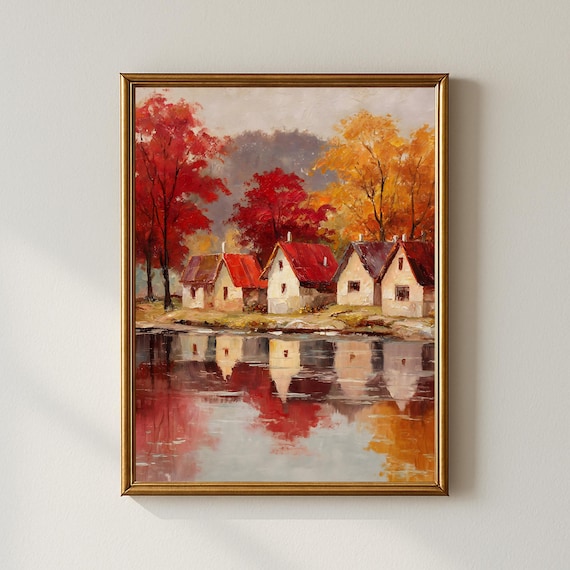 Red Roof Cottages By An Autumn Lake With Mirror Reflections Poster