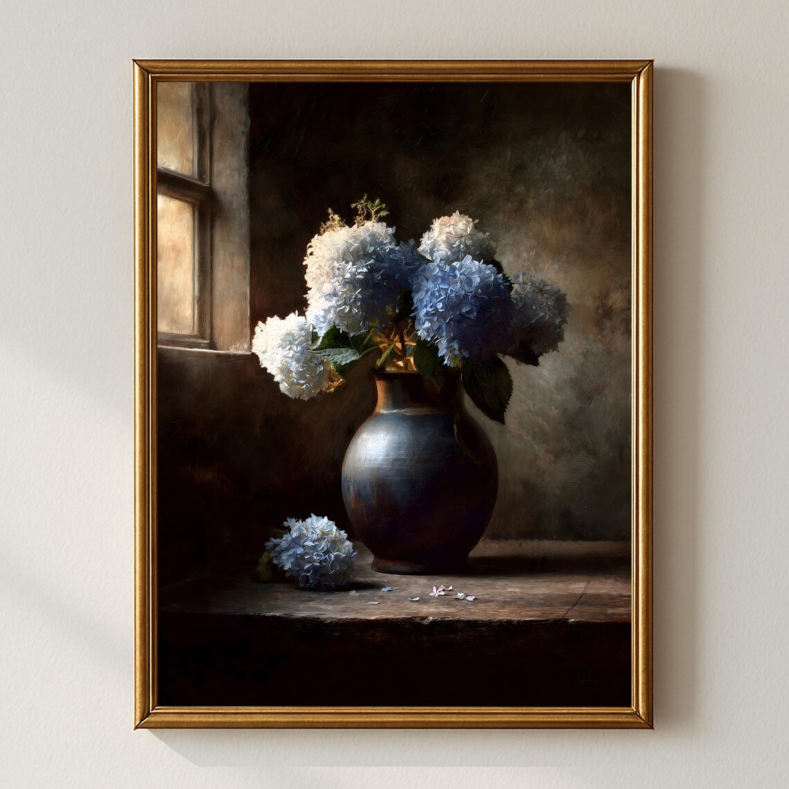 Rustic Floral Art Print, Blue Hydrangeas Still Life