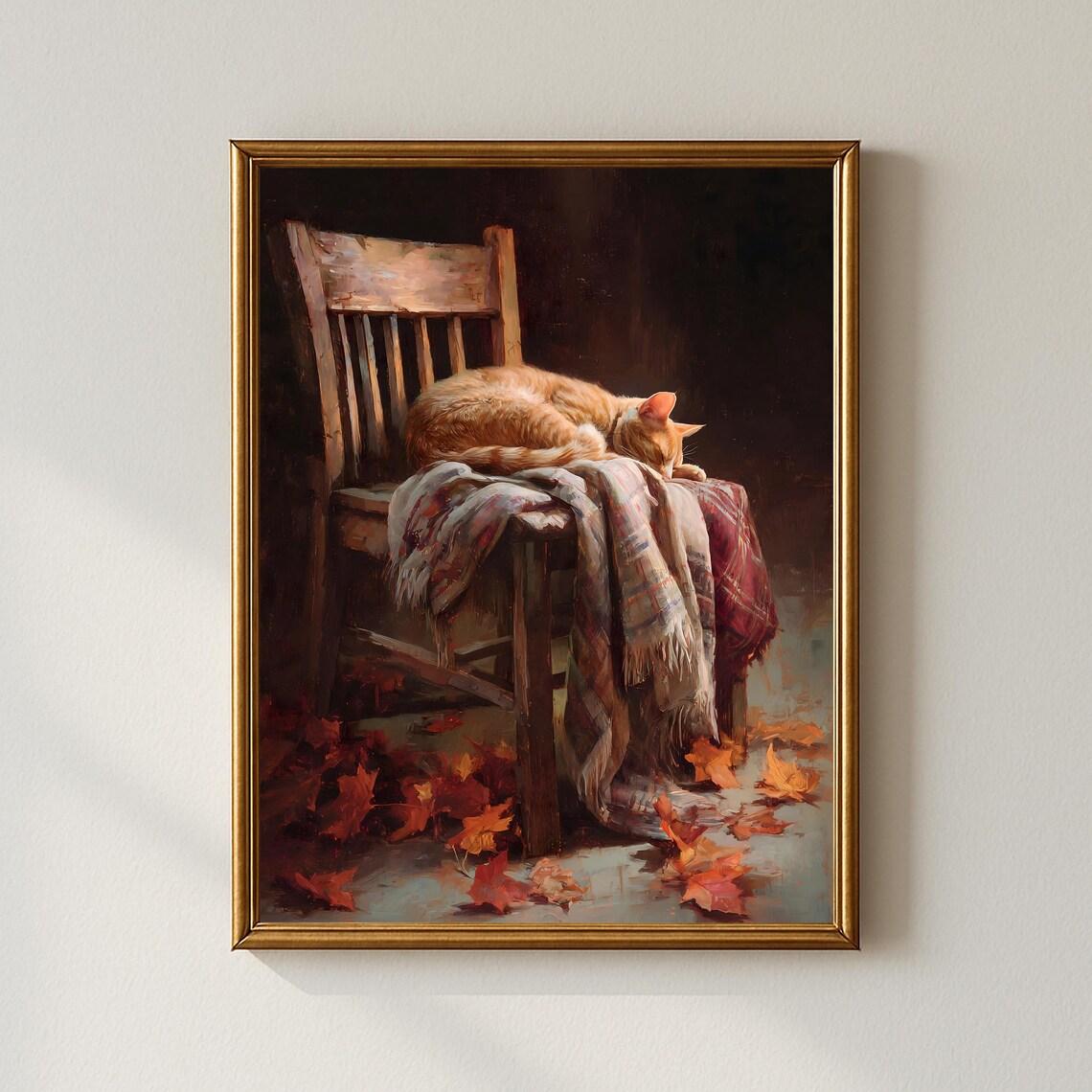 Cozy Autumn Cat Wall Art Sleeping On Rustic Chair With Blanket And Leaves Farmhouse Fall Decor