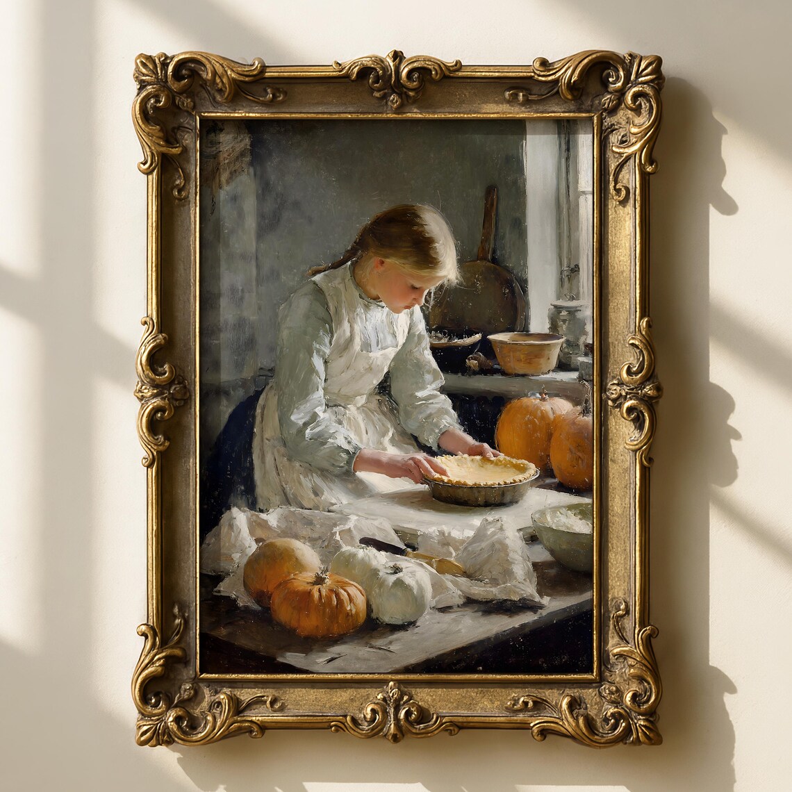 Young Girl Making Pumpkin Pie Vintage Autumn Kitchen Painting Poster