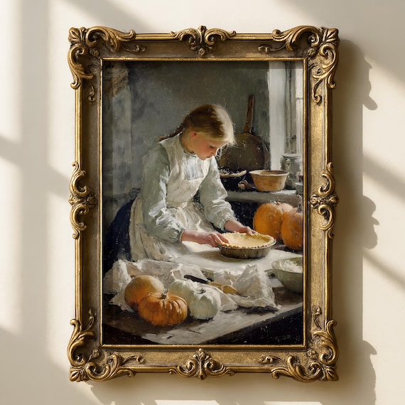 Vintage Kitchen Wall Art Farmhouse Girl Baking With Pumpkins Rustic Autumn Painting Country Cottage