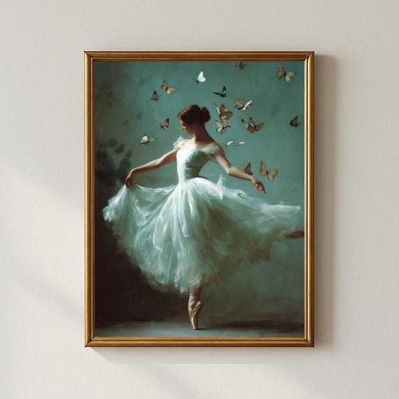 Ballet Dancer With Butterflies Wall Art Romantic Vintage Oil Painting Style Pastel Nursery Girls Room Decor Studio Artwork
