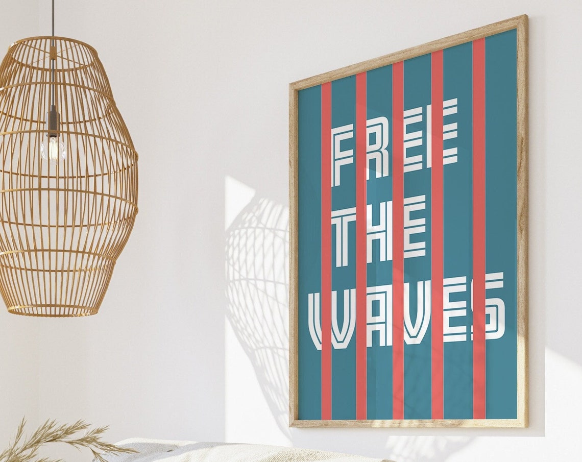 Free the Waves Bold Coral Stripes on Teal Retro Surf Art Poster