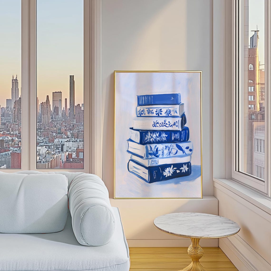 Stack of Blue Books with Floral Spines Reading Nook Wall Art - Image 5