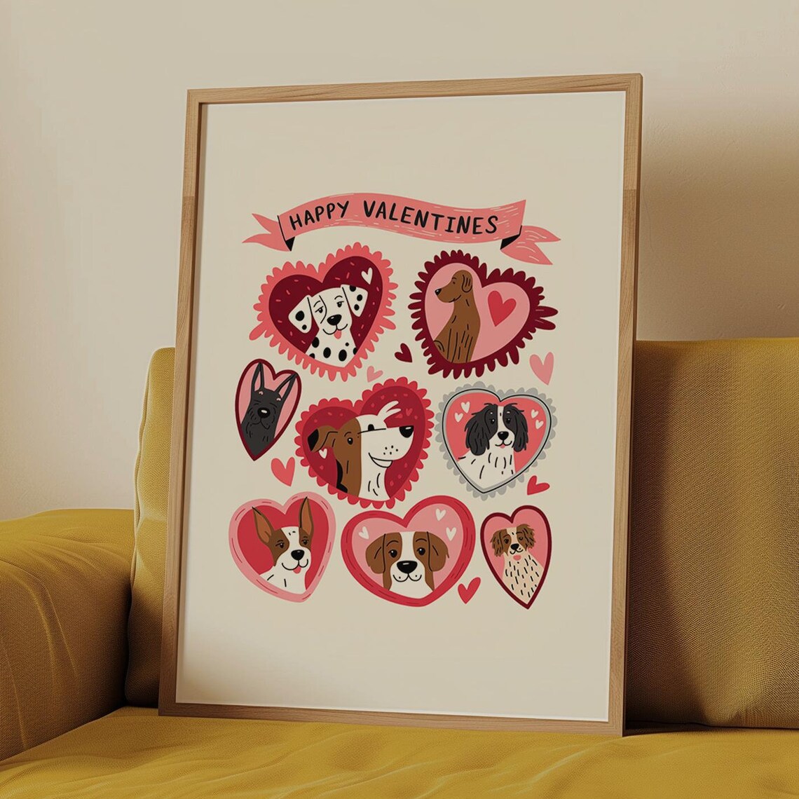 Happy Valentines Cute Dogs in Pink Hearts Illustration Poster