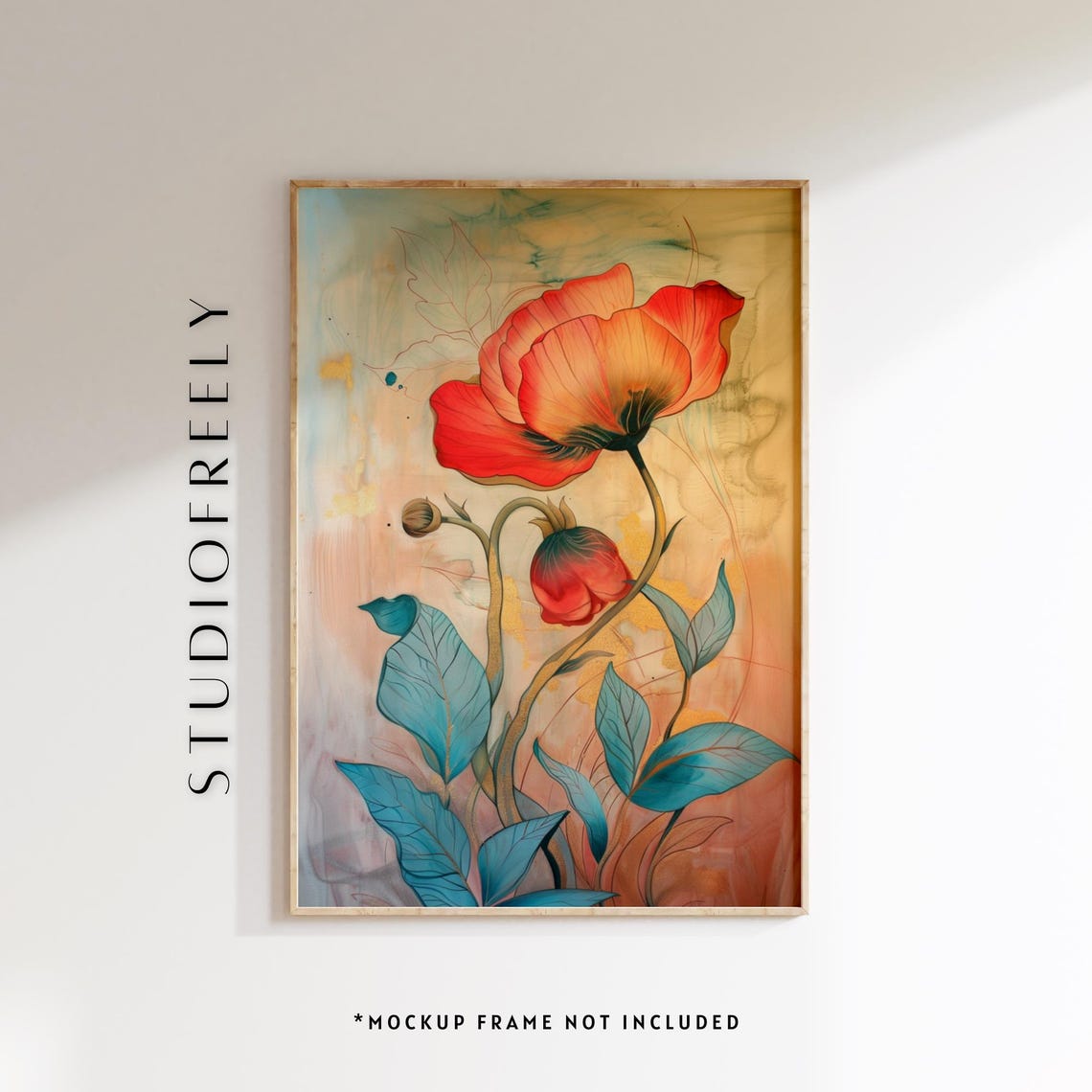 Vibrant Red Poppy Blossom Teal Botanical Contemporary Flower Wall Art