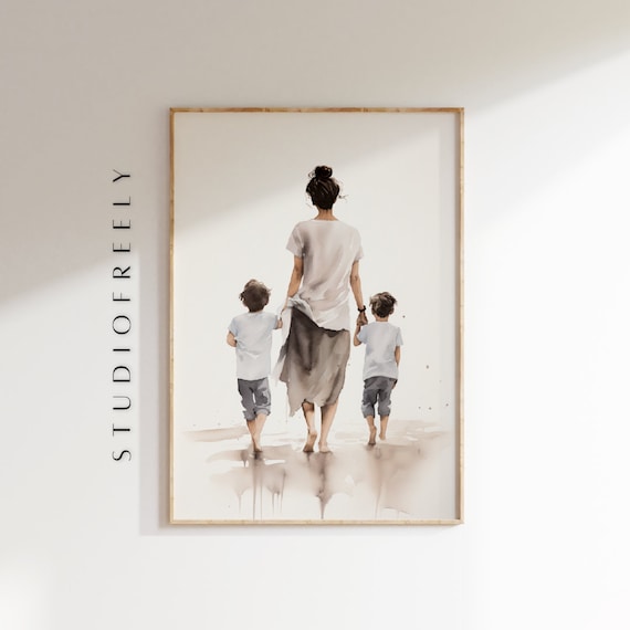 Watercolor Mother Walking With Two Sons On The Beach Family Poster
