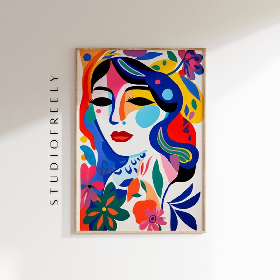 Matisse Inspired Colorful Floral Woman Portrait Modern Wall Art