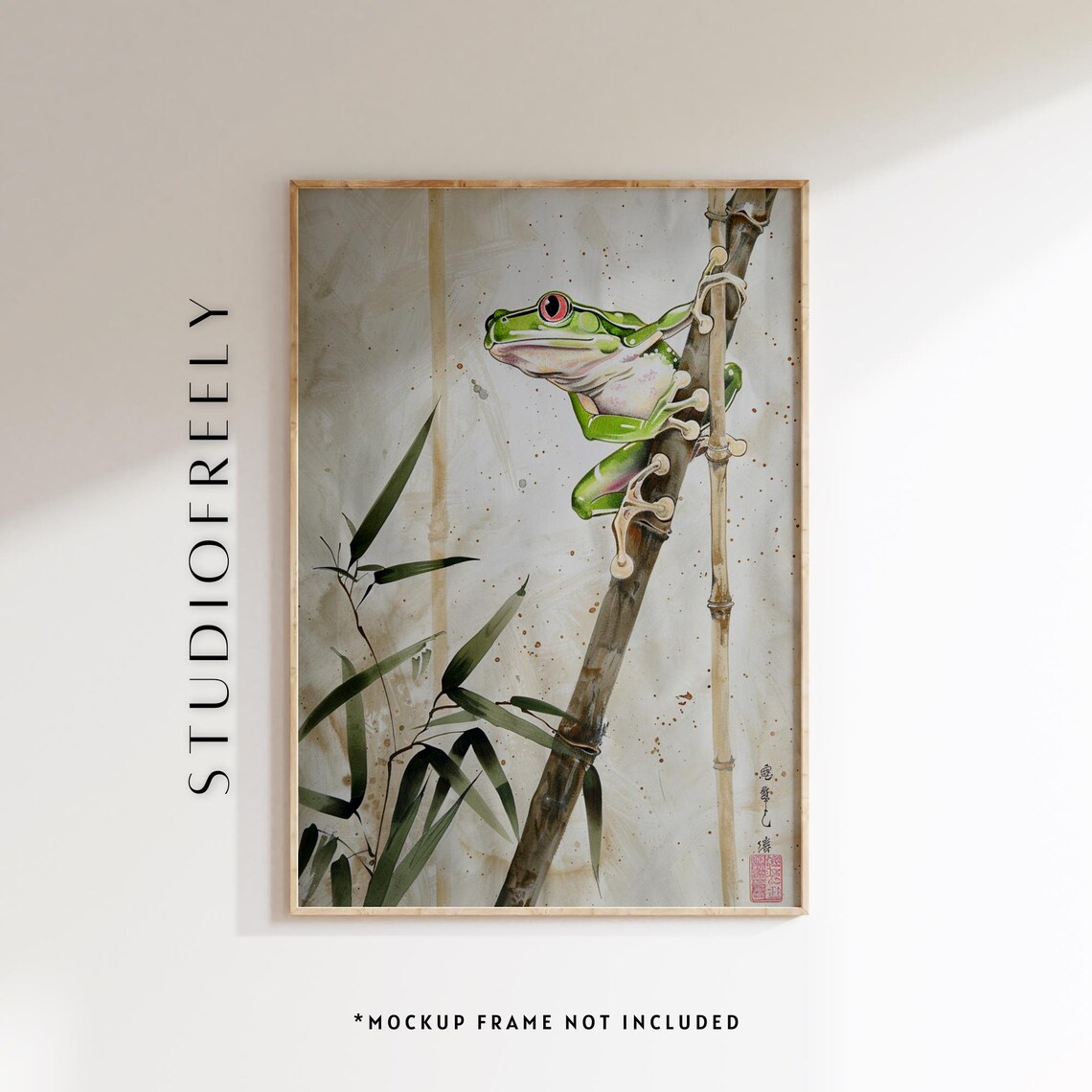 Red Eyed Tree Frog on Bamboo Branch Japanese Style Watercolor Painting Poster