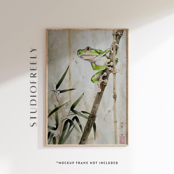 Red Eyed Tree Frog on Bamboo Branch Japanese Style Watercolor Painting Poster