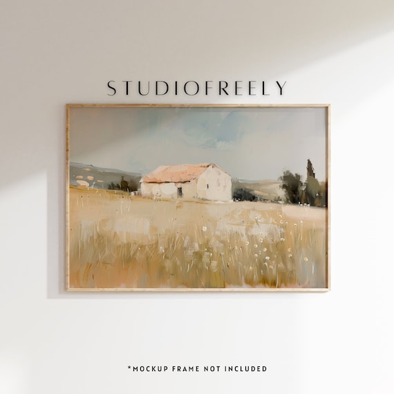 Rustic Farmhouse Painting Print Serene Jordanian Countryside Wall Art Minimalist Wheat Field Landscape Decor