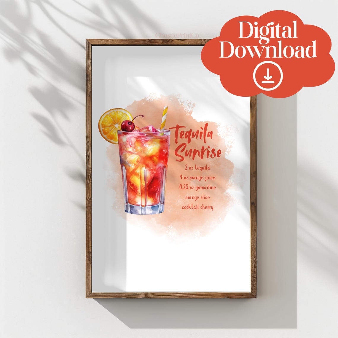 Tequila Sunrise Cocktail Recipe Watercolor Kitchen Bar Wall Poster