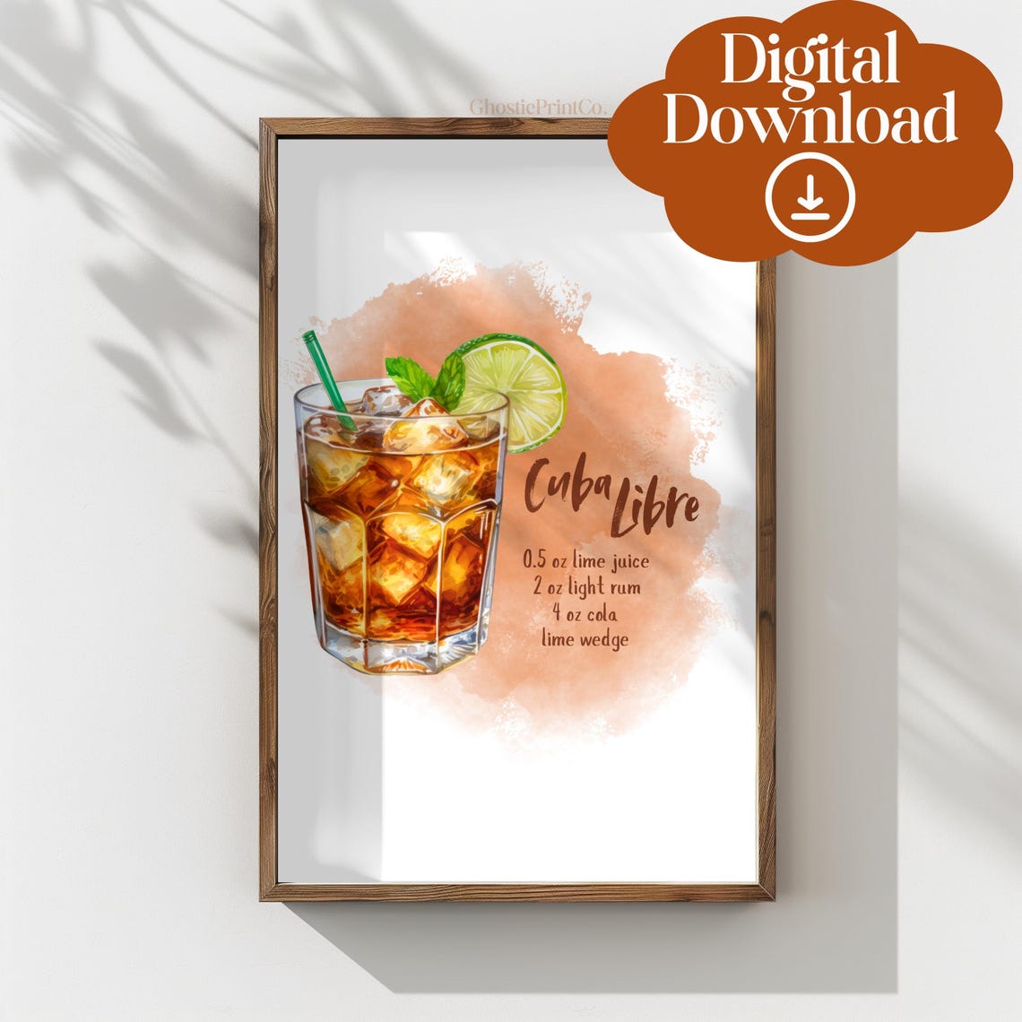 Cuba Libre Classic Cocktail Recipe Watercolor Home Bar Art Poster