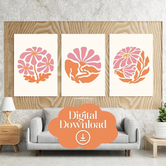 Boho Abstract Flowers Print Set Of 3 Terracotta Prints Floral Wall Art Vintage Flower Market Poster V2