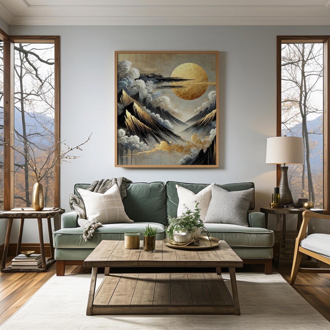 Golden Sun Mountain Abstract Landscape, Zen Decor - Image 2