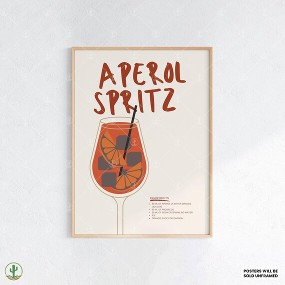 Aperol Spritz Cocktail Recipe Illustrated Orange Italian Drink Poster
