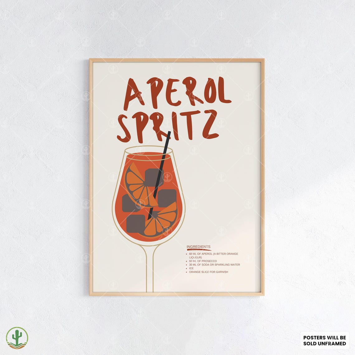 Aperol Spritz Cocktail Recipe Illustrated Orange Italian Drink Poster