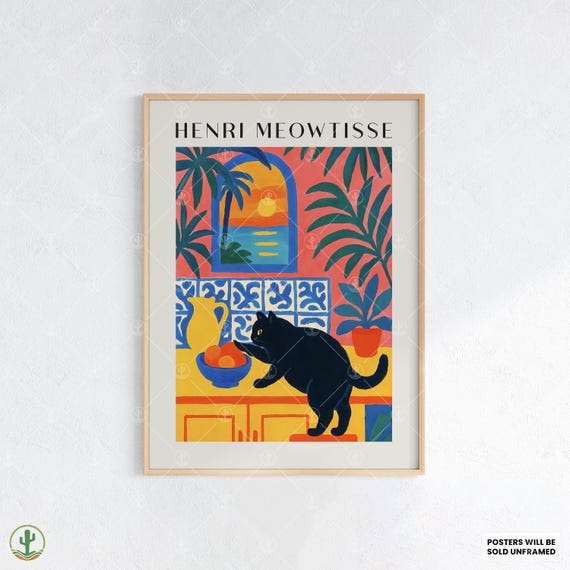 Tropical Henri Matisse Style Black Cat Art Print Colorful Kitchen Wall Decor With Sunset View And Fruit Bowl Illustration