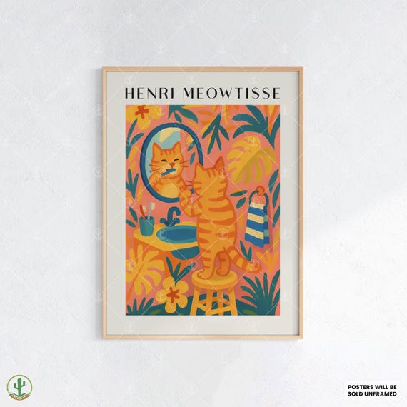Playful Henri Matisse Style Cat Bathroom Art Print Orange Tabby Brushing Teeth In Bold Floral With Tropical Jungle Decor