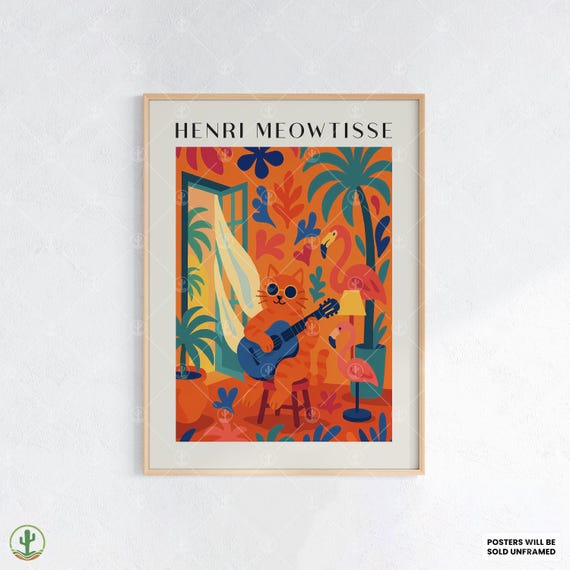 Tropical Henri Matisse Style Cat Art Print Cool Orange Playing Guitar With Flamingos And Palm Leaves Colorful Wall Decor