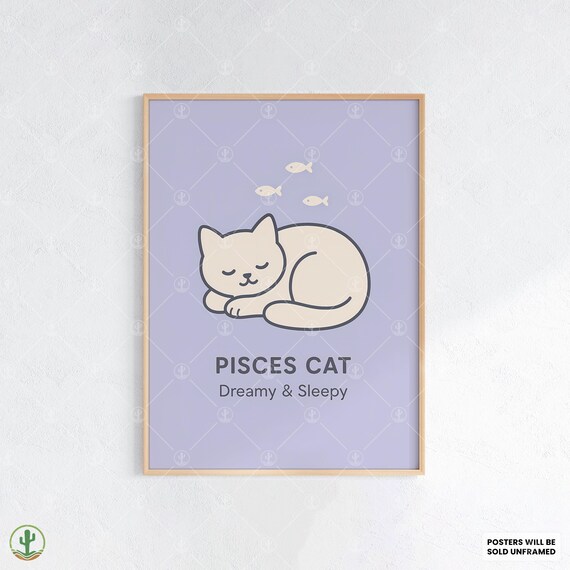 Pisces Cat Zodiac Poster Minimalist Dreamy Art Print With Floating Fish For Peaceful Astrology Decor