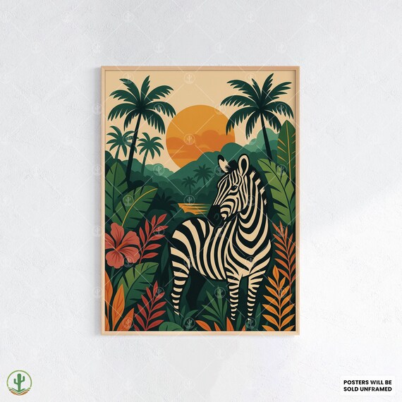 Tropical Zebra Jungle Wall Art Print Bold Safari Animal Poster With Sunset Palm Trees Colorful Rainforest Foliage