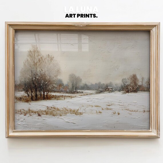 Vintage Winter Snow Landscape Oil Painting Textured Art Print
