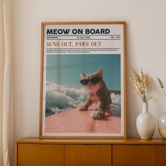 Meow On Board Cat Surfing Newspaper Print Funny Summer Wall Decor