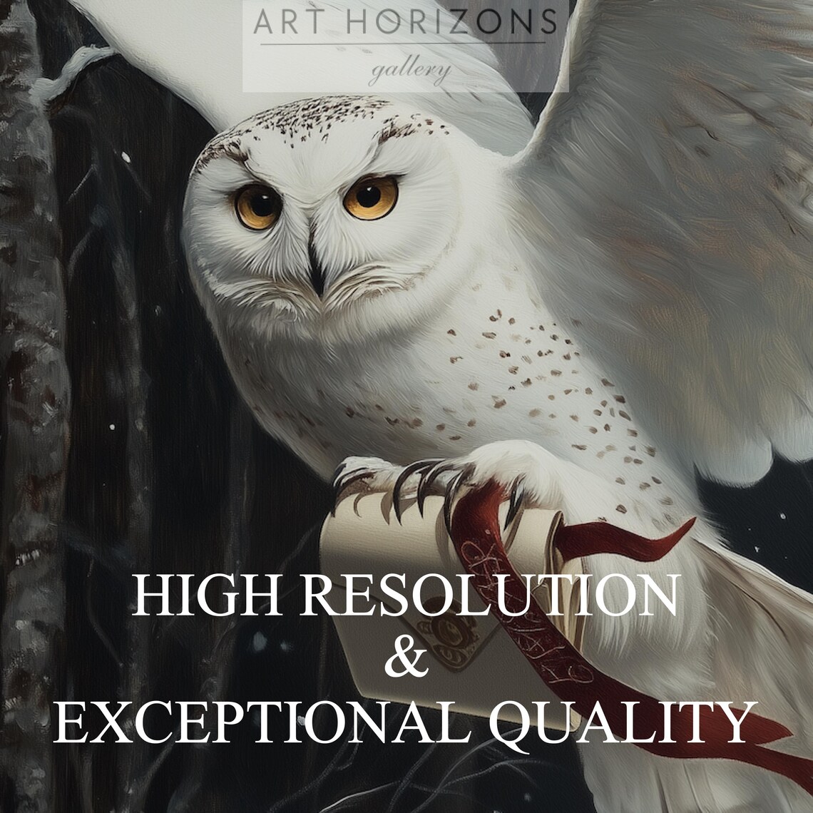 White Snowy Owl Flying Night Forest Gift Moody Vintage Wall Art Print - Image 3