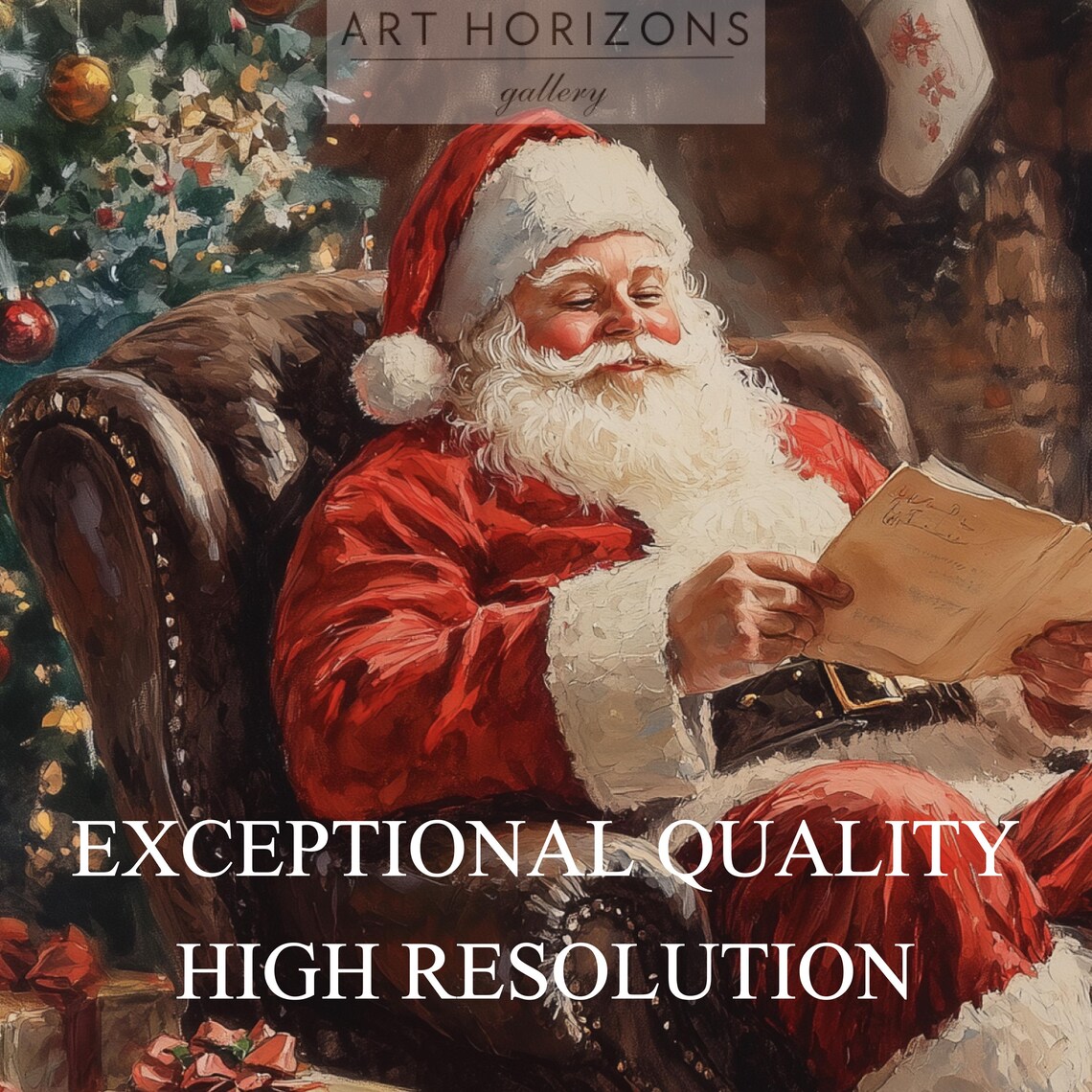Santa Claus Reading by Stone Fireplace Frame TV Art Christmas Print - Image 3