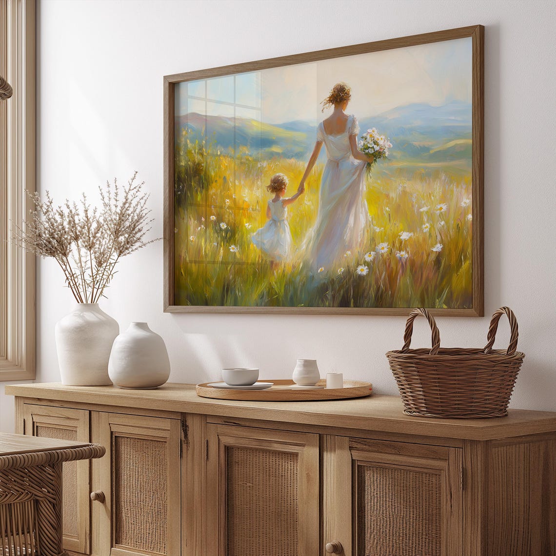 Mother And Child Walking Through Sunlit Daisy Meadow Art Poster - Image 2