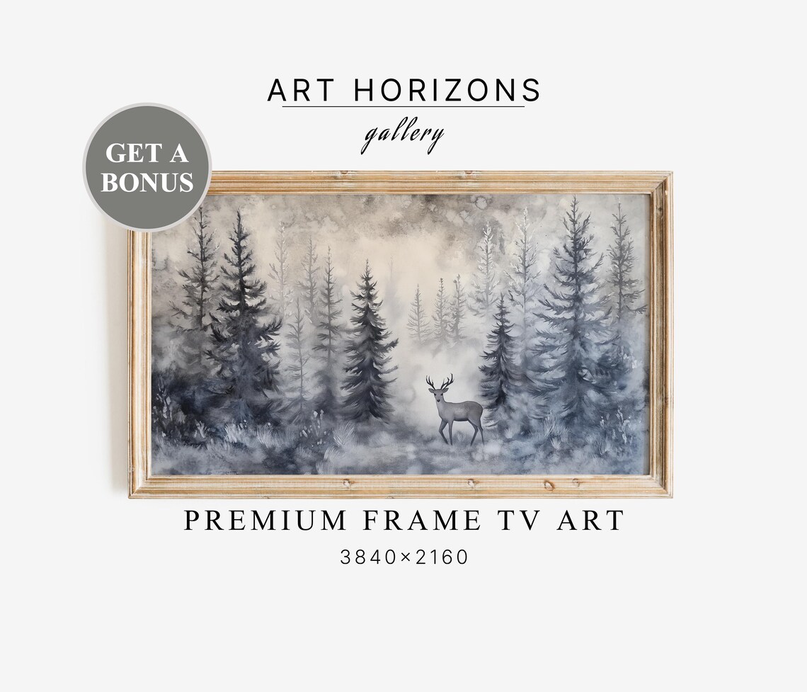 Deer In Misty Blue Gray Forest Foggy Winter Watercolor Poster