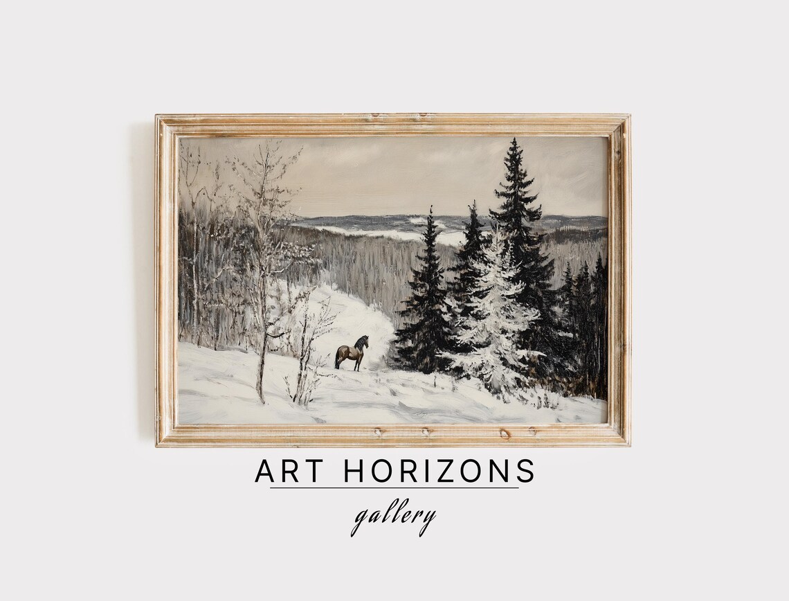 Snowy Mountains Holiday Art Christmas Vintage Style Painting Horse And Snowy Landscape Art Print Winter Forest Wall Art A198