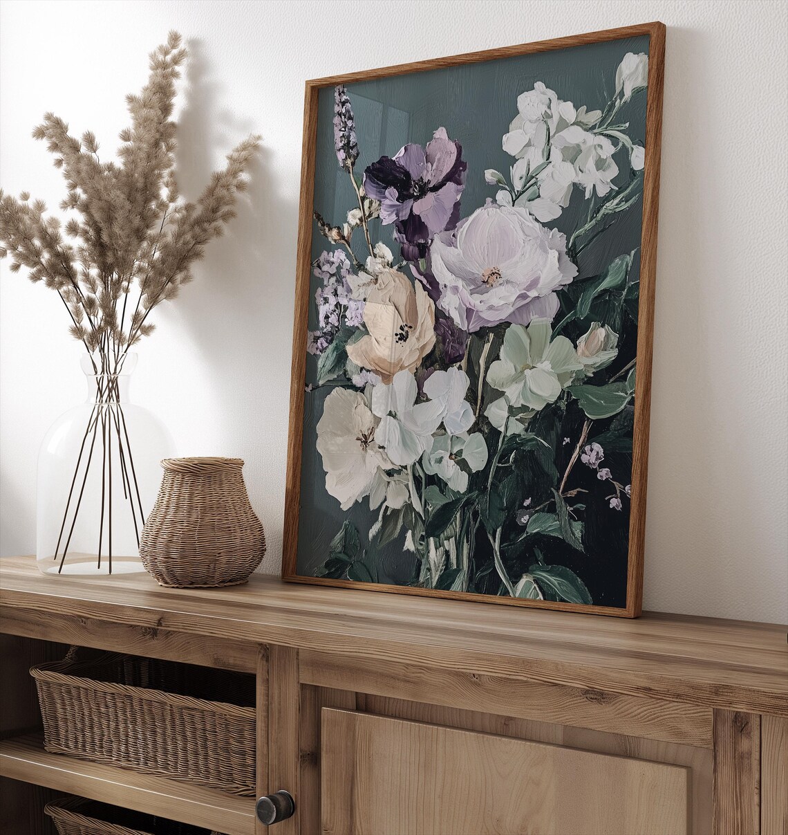 Floral Bouquet Oil Painting White Purple Blooms Dark Moody Wall Art - Image 4