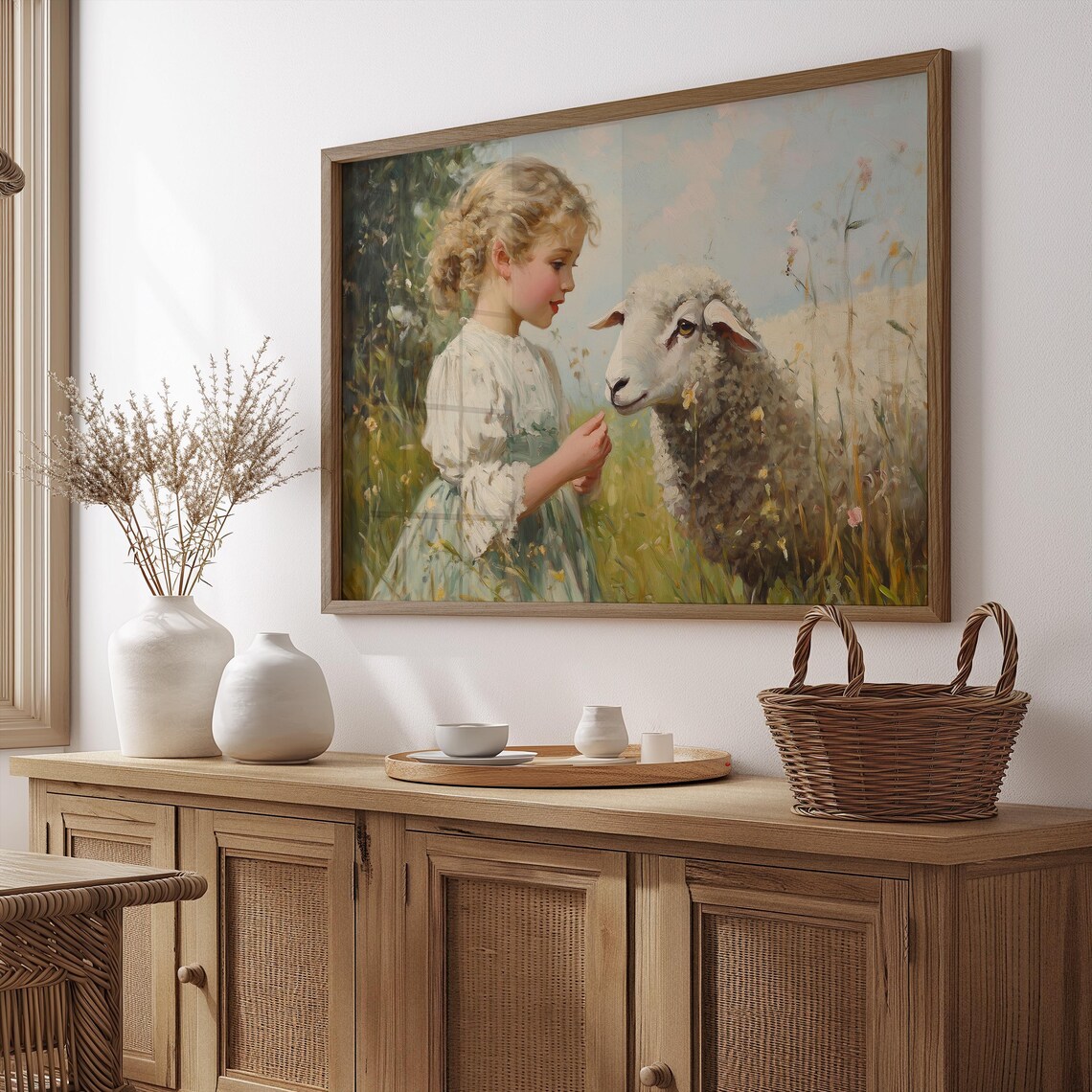 Little Girl and Sheep Lamb, Vintage Oil Art Print - Image 4